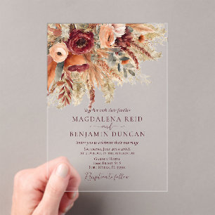 Burgundy Terracotta Florals Pampas Grass Wedding Acrylic Invitations