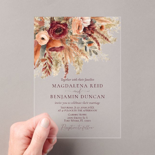Burgundy Terracotta Florals Pampas Grass Wedding Acrylic Invitations (Insitu (Handheld))