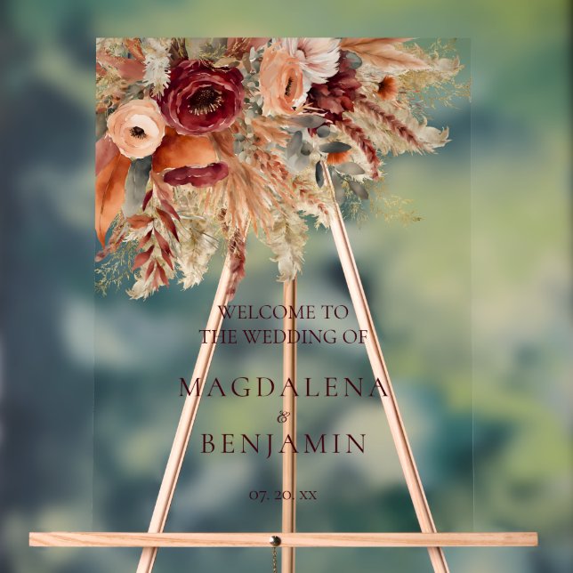 Burgundy Terracotta Florals Pampas Grass Wedding Acrylic Sign (Neutral)