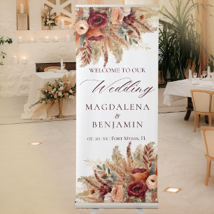 Burgundy Terracotta Florals Pampas Wedding Welcome Retractable Banner