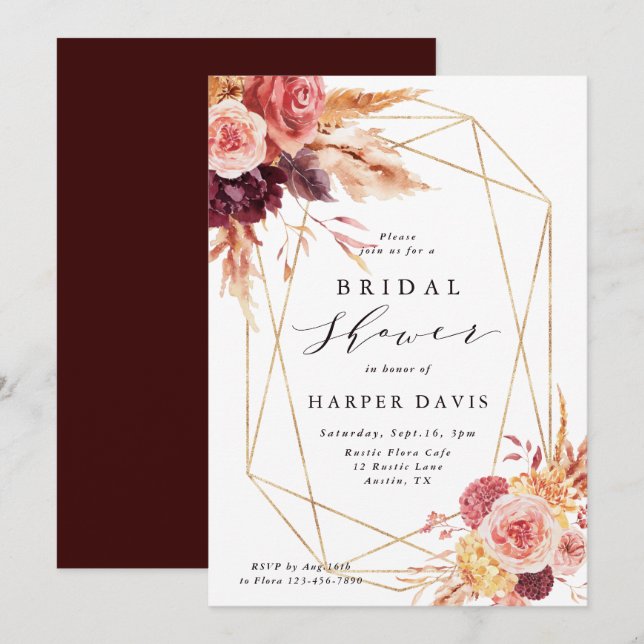 Burgundy Terracotta Flower Geometric Bridal Shower Invitation (Front/Back)