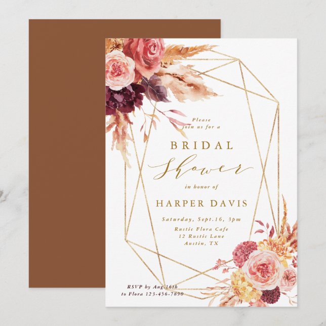 Burgundy Terracotta Flower Geometric Bridal Shower Invitation (Front/Back)