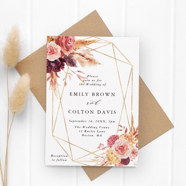 Burgundy Terracotta Flowers Gold Geometric Wedding Invitation (Creator Uploaded)