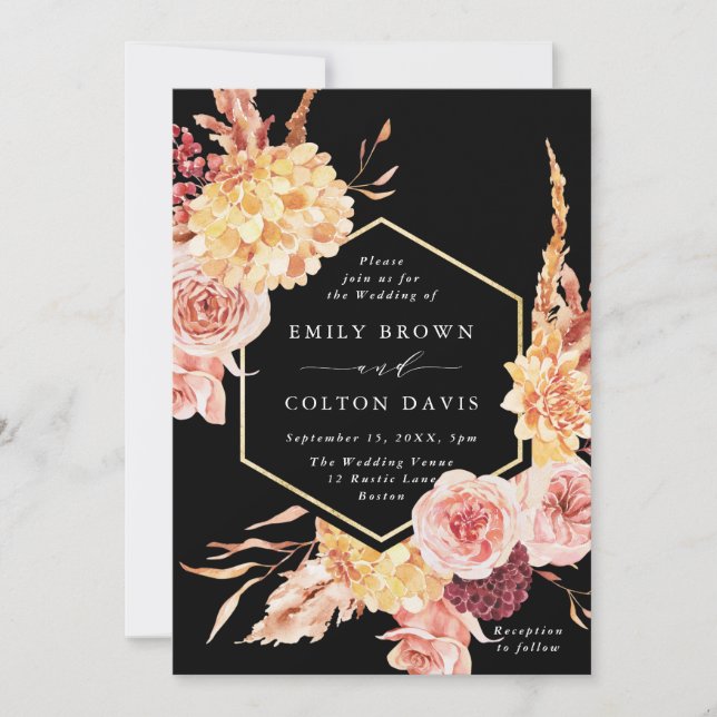 Burgundy Terracotta Gold Floral Wedding Black Invitation (Front)