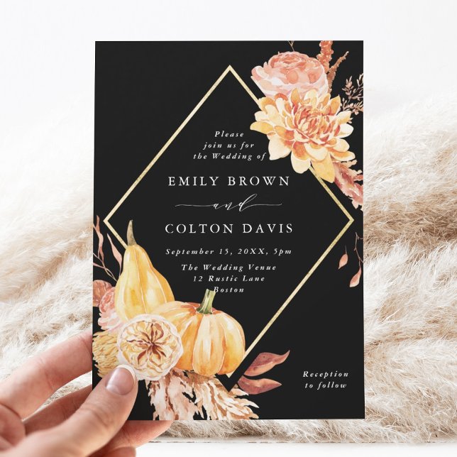 Burgundy Terracotta Gold Floral Wedding Black Invitation (Creator Uploaded)