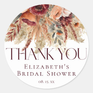 Burgundy Terracotta Gold Florals Pampas Thank You Classic Round Sticker