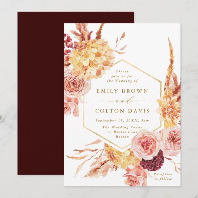 Burgundy Terracotta Gold Script Floral Wedding Invitation (Front/Back)
