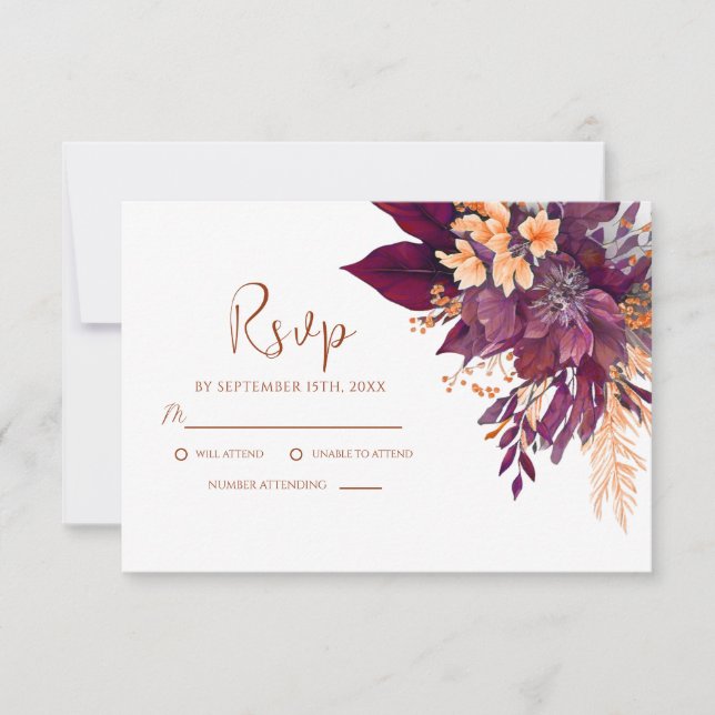 Burgundy Terracotta Rust Elegant Floral Wedding RSVP Card (Front)