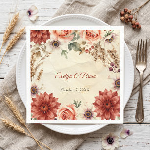 Burgundy Terracotta Rust Floral Boho Fall Wedding Napkin