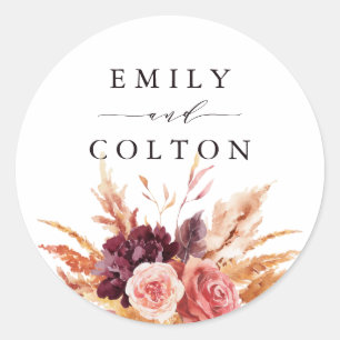 Burgundy Terracotta Watercolor Floral Wedding Classic Round Sticker
