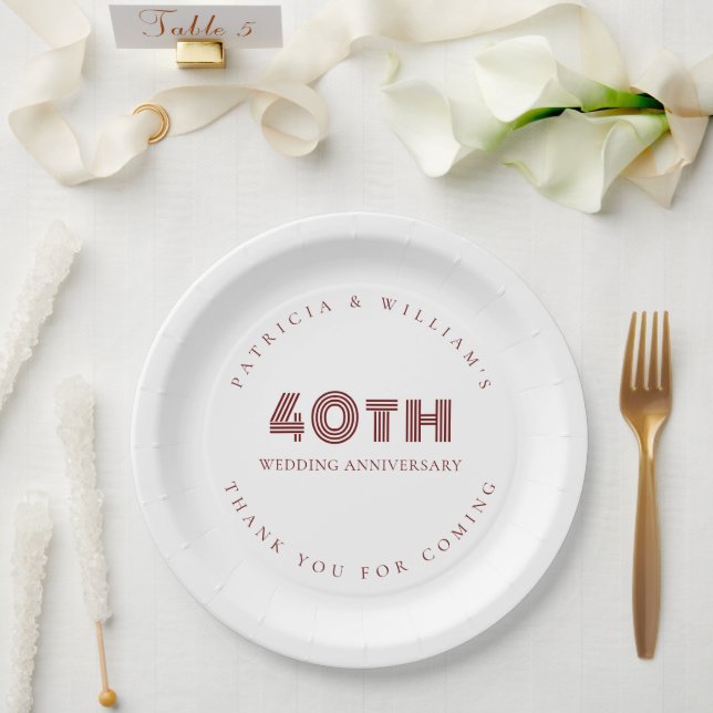 Burgundy Text 40th Wedding Anniversary Thanks Paper Plate (Wedding)
