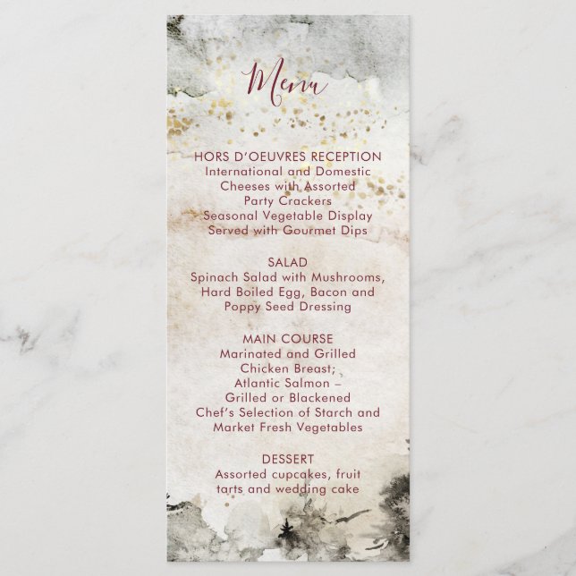 Burgundy Text Grey Gold Watercolor Alpine Mountain Menu (Front)