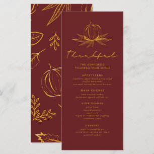 Burgundy Thankful Pumpkins & Leaves Thanksgiving Menu