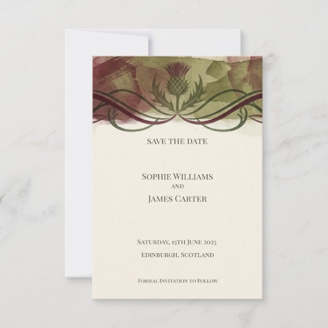 Burgundy Thistle Save the Date Card (Front)