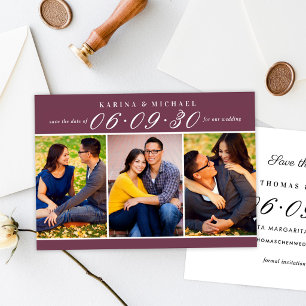 Burgundy Three Photo Collage Wedding Save The Date