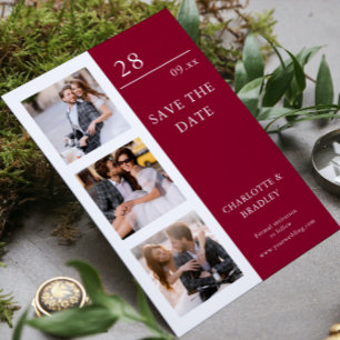 Burgundy Three Photo Modern Wedding Save The Date