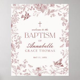 Burgundy Toile De Jouy Floral Baptism Welcome Sign
