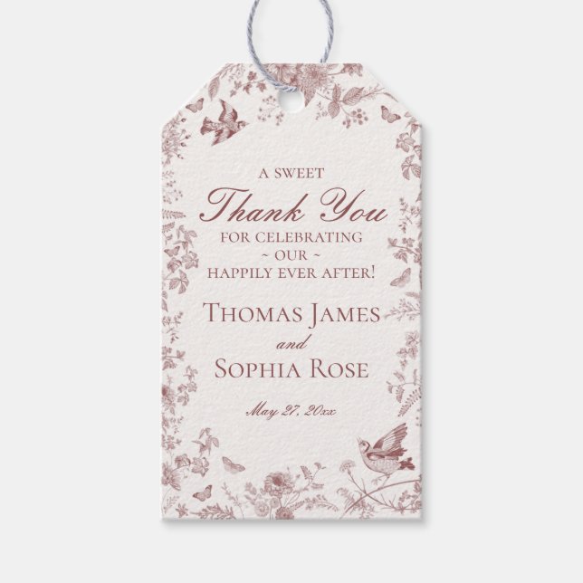Burgundy Toile De Jouy Floral Wedding Party Favour Gift Tags (Front)