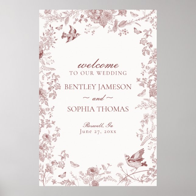 Burgundy Toile De Jouy Floral Wedding Welcome Sign (Front)