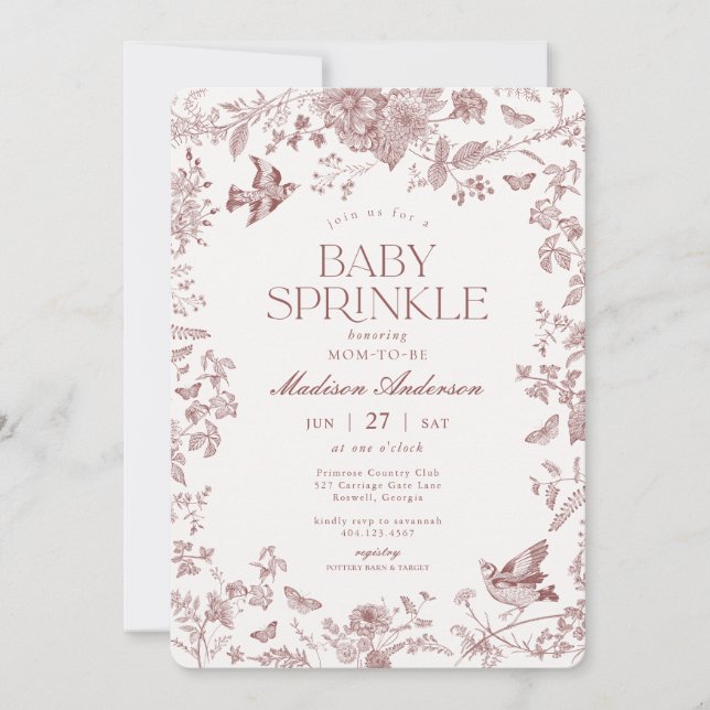 Burgundy Toile De Jouy French Floral Baby Sprinkle Invitation (Front)