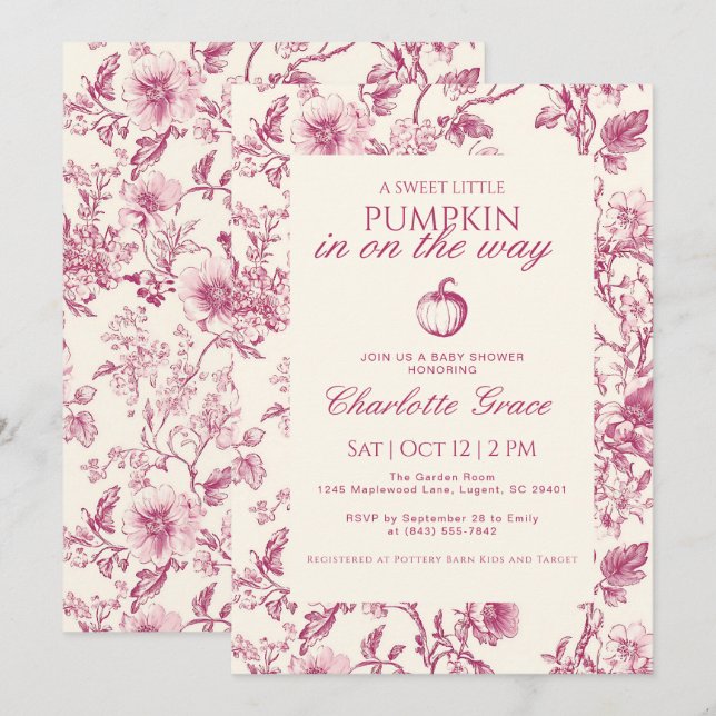 Burgundy Toile de Jouy Pumpkin Baby Shower Invite (Front/Back)