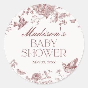 Burgundy Toile De Jouy Vintage Floral Baby Shower Classic Round Sticker