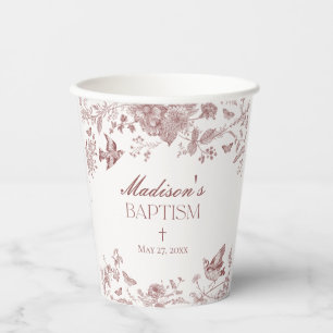 Burgundy Toile De Jouy Vintage Floral Baptism Paper Cups