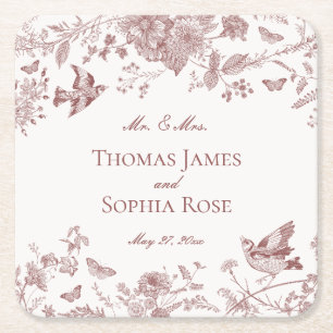 Burgundy Toile De Jouy Vintage Floral Wedding Square Paper Coaster