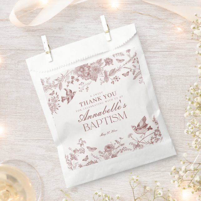 Burgundy Toile Floral Baptism Dessert Favour Bags (Clipped)