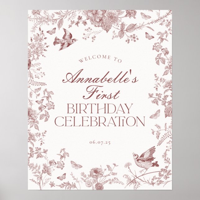 Burgundy Toile Floral Birthday Party Welcome Sign (Front)