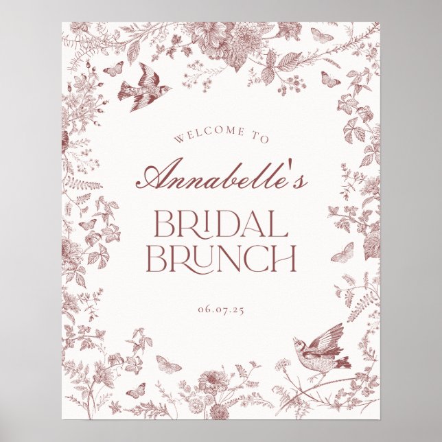 Burgundy Toile Floral Bridal Brunch Welcome Sign (Front)