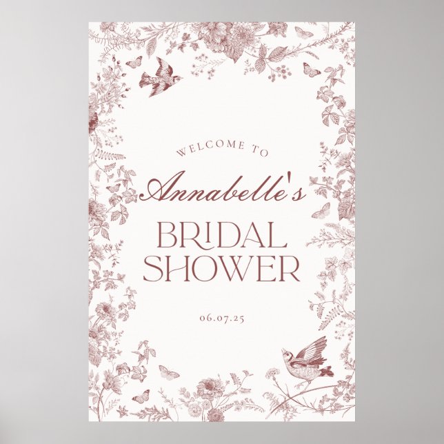 Burgundy Toile Floral Bridal Shower Welcome Sign (Front)