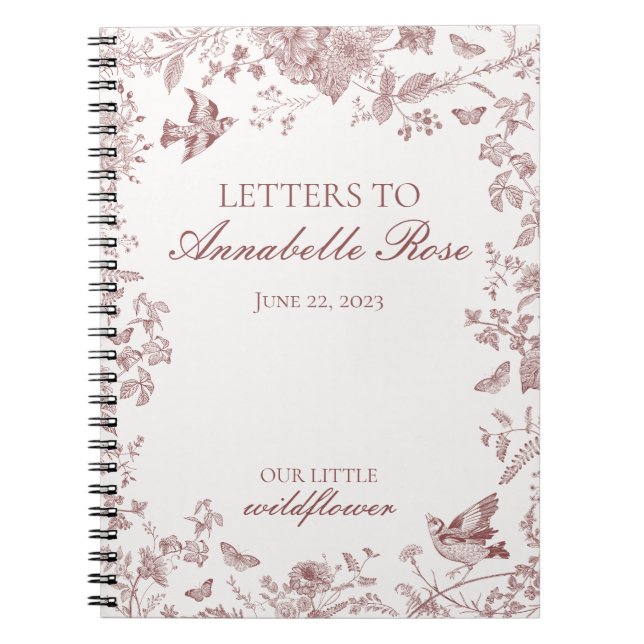 Burgundy Toile Floral Letters to Birthday Girl Notebook (Front)