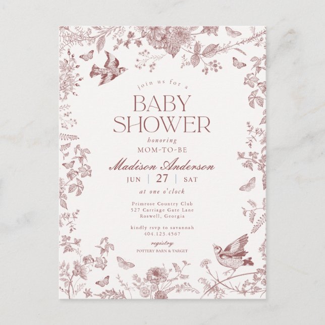 Burgundy Toile French Floral Baby Shower Postcard (Front)