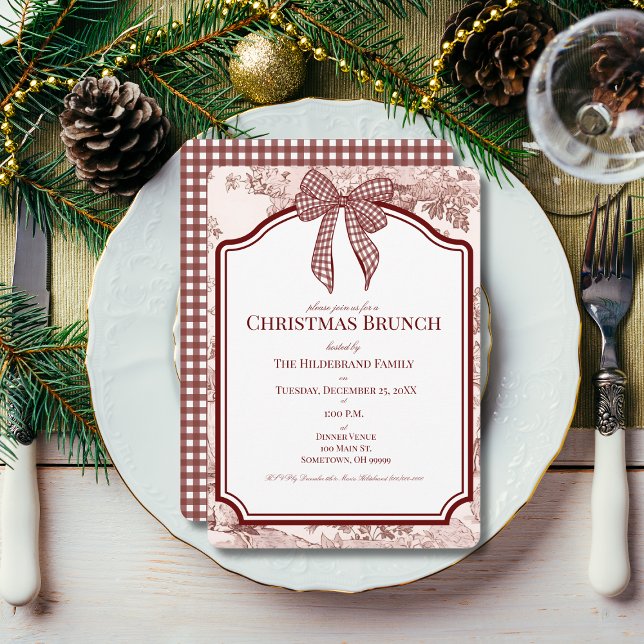 Burgundy Toile Gingham Christmas Brunch Invitation (Creator Uploaded)