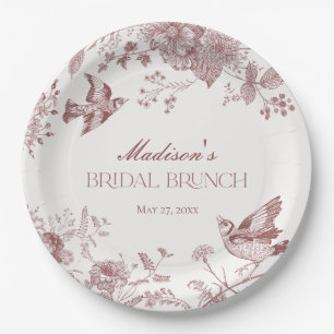 Burgundy Toile Jouy Vintage Floral Bridal Brunch Paper Plate