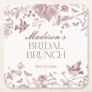Burgundy Toile Jouy Vintage Floral Bridal Brunch Square Paper Coaster