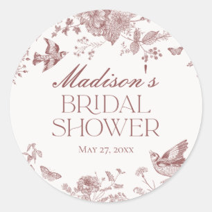 Burgundy Toile Jouy Vintage Floral Bridal Shower Classic Round Sticker