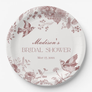 Burgundy Toile Jouy Vintage Floral Bridal Shower Paper Plate