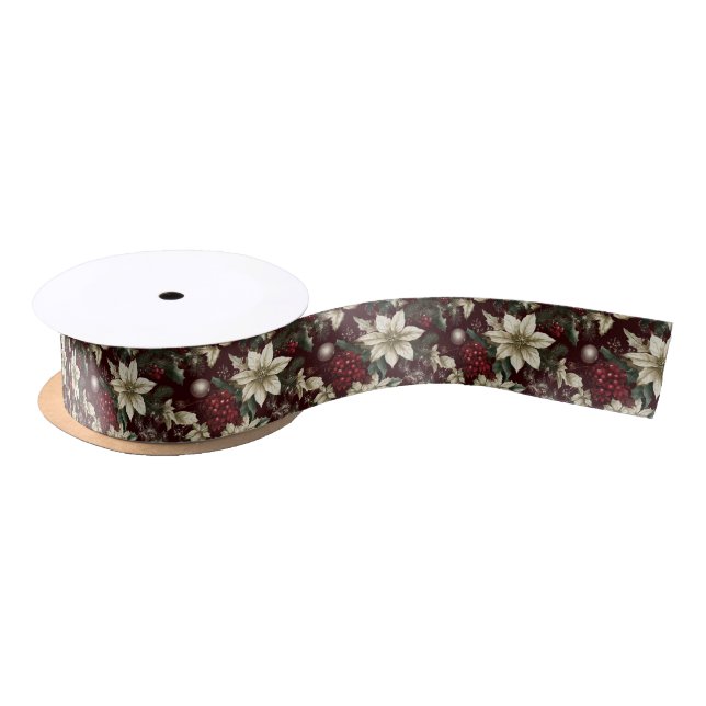 Burgundy Traditional Christmas Floral Satin Ribbon (Spool)