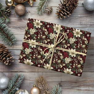 Burgundy Traditional Christmas Floral Wrapping Paper