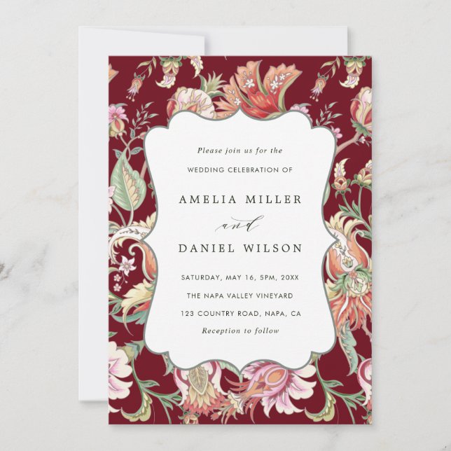 Burgundy | Tropical Fantasy Boho Floral Wedding Invitation (Front)