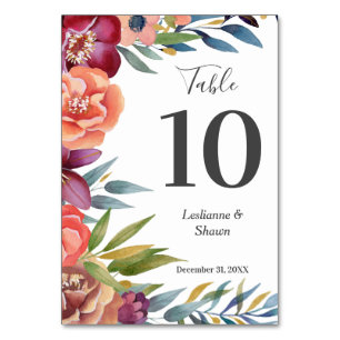 Burgundy Tropical Floral Modern White Table Number