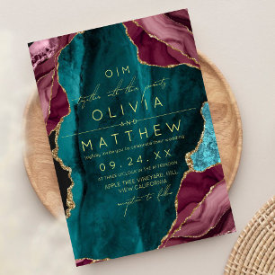  Burgundy, Turquoise & Gold Agat Wedding Photo Invitation