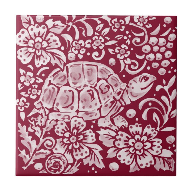 Burgundy Turtle Snail Floral Forest Garden Animal  Tile (Front)