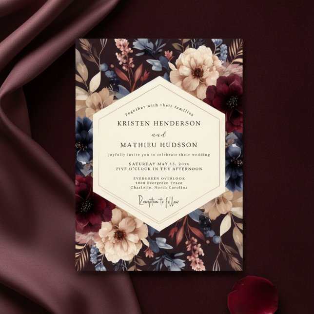 Burgundy Twilight Botanical Romance Wedding Invitation (Creator Uploaded)