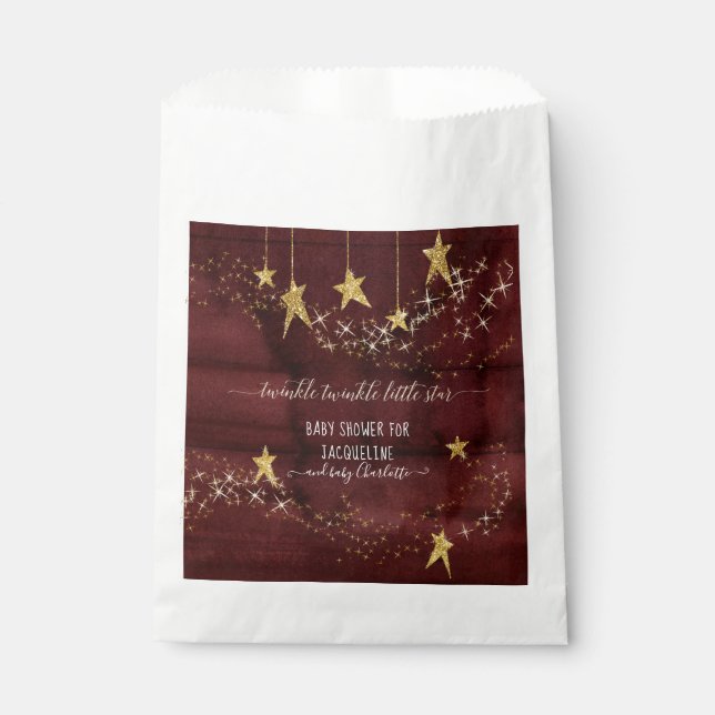 Burgundy Twinkle Little Star Gold Girl Baby Shower Favour Bags (Front)