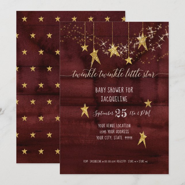 Burgundy Twinkle Little Star Gold Girl Baby Shower Invitation (Front/Back)