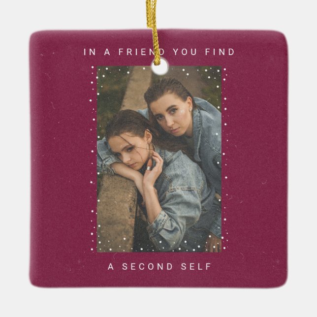 Burgundy Two Photo Snowfall Best Friends Photo Ceramic Ornament (Front)