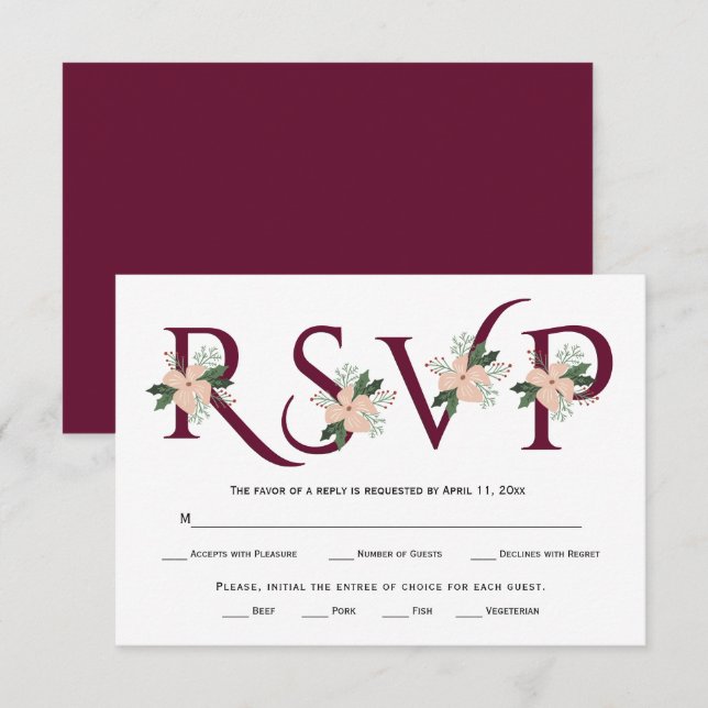 Burgundy typography and white flower RSVP card (Front/Back)
